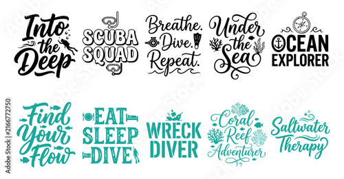 Фотография Set of scuba diving quotes and ocean theme typography designs for t-shirt prints and creative projects Minimal solid typography set bundle collection