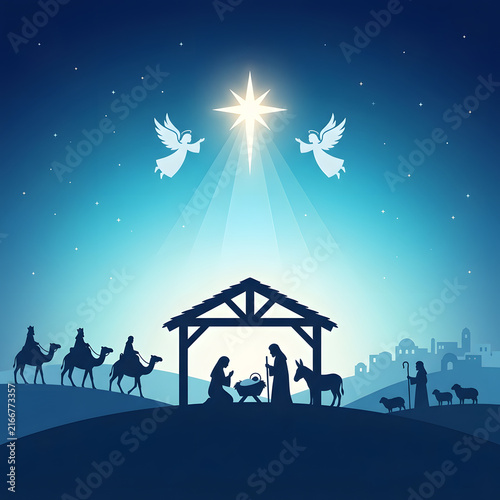 Pixel art christmas nativity scene with bright star