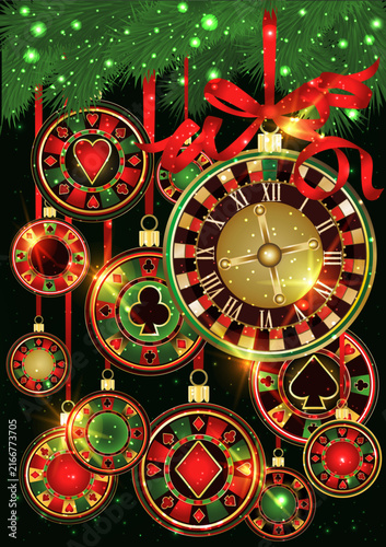 Christmas  casino vip invitation card with golden clock. New 2027 year, vector illustration