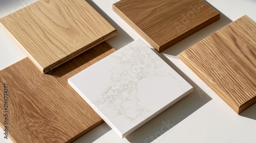 Interior Design Material Samples with Light Wood Grain and White Marble Swatches, Modern Flat Lay