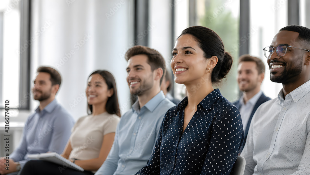 Obraz premium diverse group of happy business professional smiling and listening attentively during seminar conference meeting indoors
