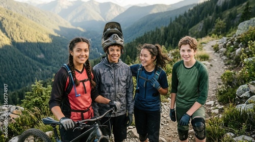 Diverse Group Of Young Mountain Bikers Enjoying Scenic Mountain Trail Adventure