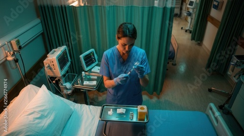 Dedicated Nurse Prepares Medical Injection In Hospital Room
