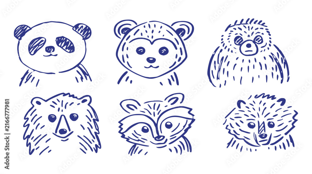 Naklejka premium Cute Animal Faces Hand Drawn Doodle Vector Illustration Set