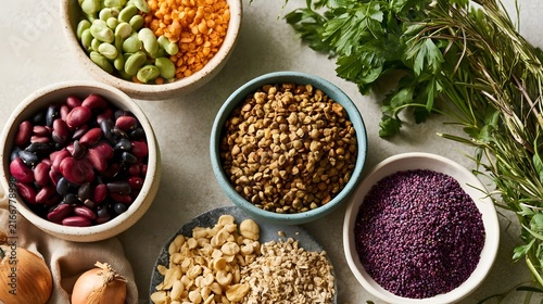 A colorful assortment of dried legumes  seeds  and fresh herbs arranged in bowls on a neutral surface