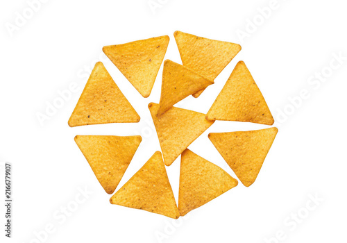 Crispy salted corn tortilla chips isolated on transparent background
