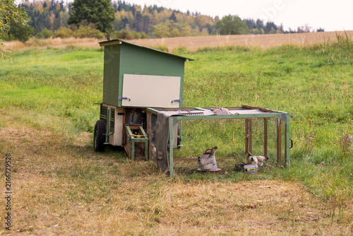 Mobile chicken coop trailer with wire run enclosure standing on green pasture in countryside concept of organic free range farming