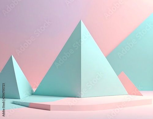 3D Render Abstract Background with Pastel Pink and Mint Blue Geometric Pyramid Shapes, Minimalist Podium Stage for Product Presentation and Design Mockup