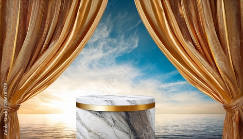Marble Pedestal Display With Gold Open Curtain Background For Product Showcase D Illustration Template