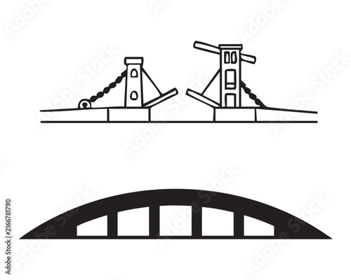 Фотография Illustration of historical drawbridge mechanism and solid concrete modern arch bridge silhouette