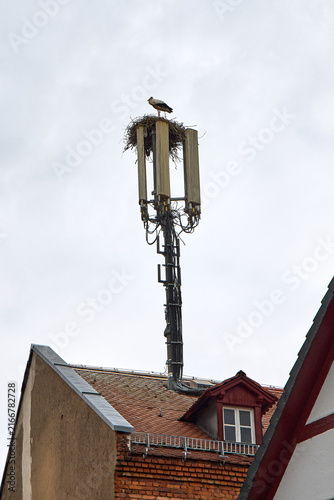 Fotografía A white stork standing in its nest built on top of a 5G cellular antenna tower on a roof of a house in Forchheim Germany