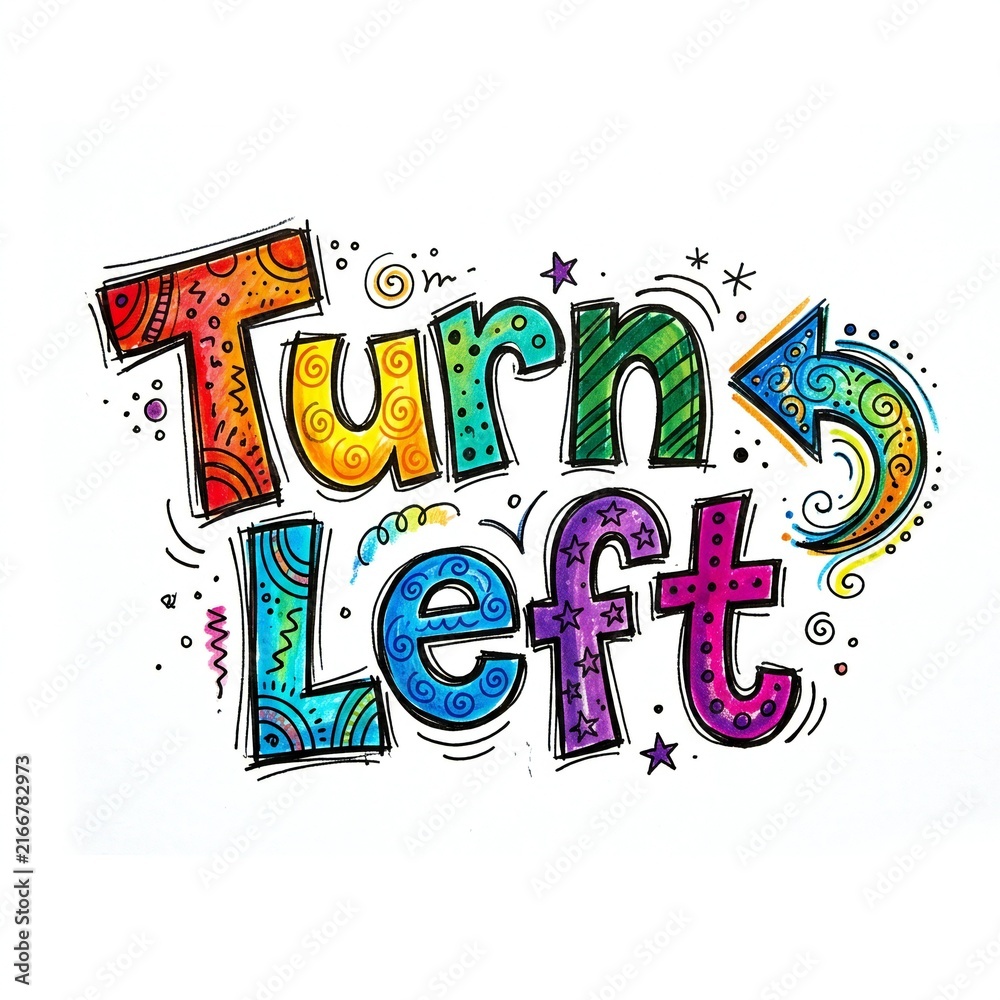 Fototapeta premium Turn Left colorful hand drawn typography sign with arrow for navigation and direction 