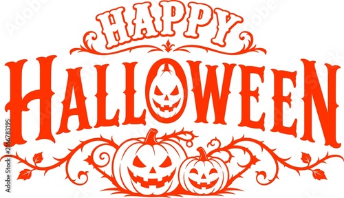 Happy Halloween Vintage Typography Vector with Spooky Jack O Lantern Pumpkins and Ornamental Vines