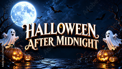 Halloween After Midnight Spooky Background with Full Moon, Cute Flying Ghosts, Glowing Jack O Lanterns, and Bats