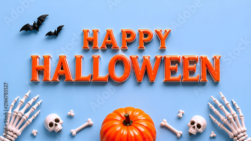 Happy Halloween 3D Banner with Orange Pumpkin, Skeleton Hands, Skulls,