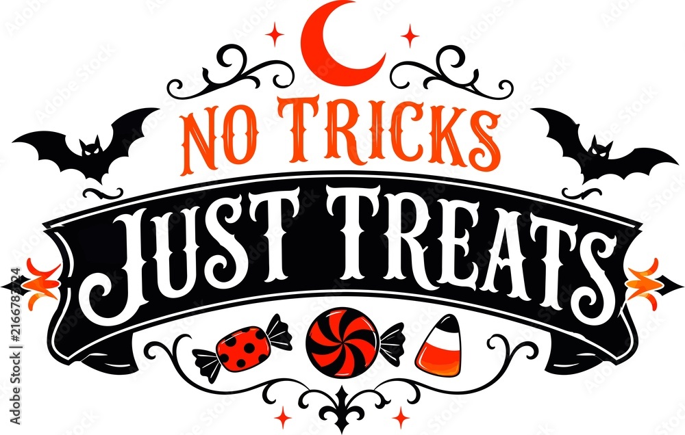 Obraz premium halloween party poster No Tricks Just Treats Vintage Halloween Typography Banner Design with Flying Bats, Crescent Moon, and Candy Sweets