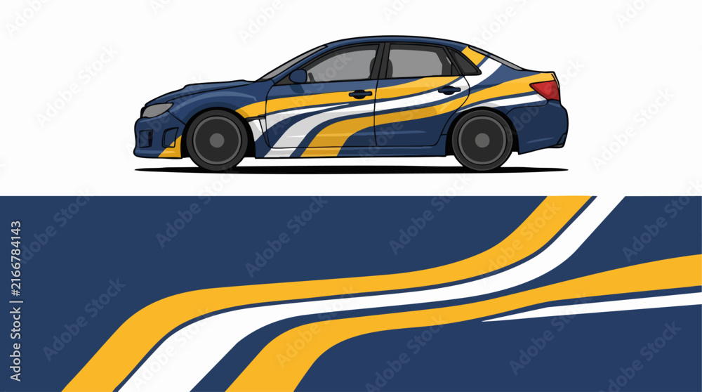 Fototapeta premium Blue and yellow sports car with racing stripes illustration