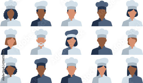 Diverse group of professional chefs and cooks wearing traditional white hats in a flat vector illustration set