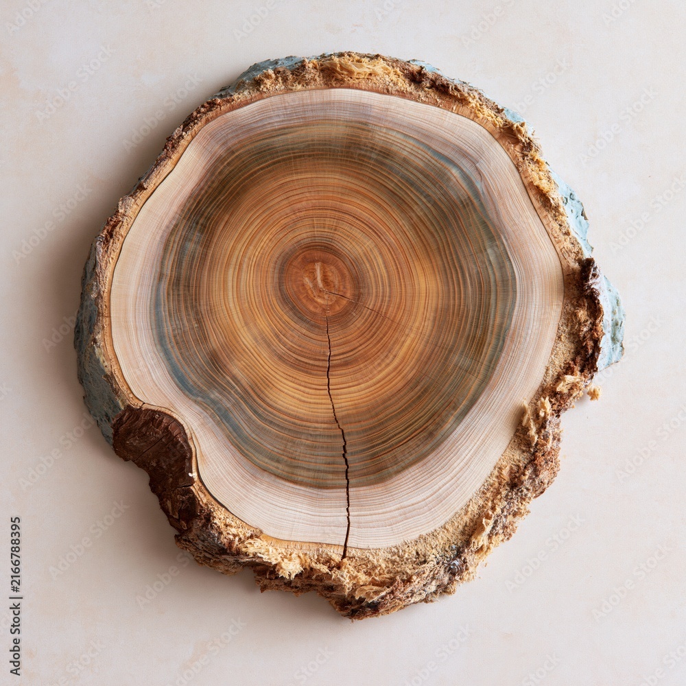Obraz premium Round tree trunk slice with concentric growth rings and rough bark, resting on a luminous off-white surface for rustic design and product staging