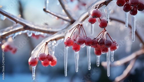 Frozen Berries Dangling With Delicate Icicles On Bare Winter Branches