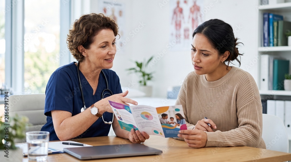 Obraz premium Doctor explains medical information to concerned patient in consultation room
