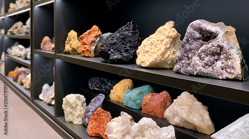 Colorful collection of raw mineral crystals  gemstones  and rock specimens neatly displayed on dark illuminated shelves in a museum exhibition