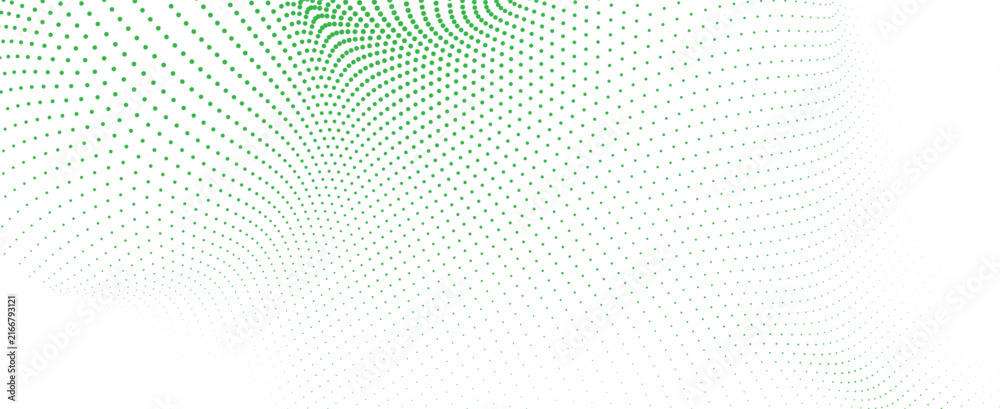 Naklejka premium Abstract green halftone dot wave pattern background with dynamic flowing curve texture
