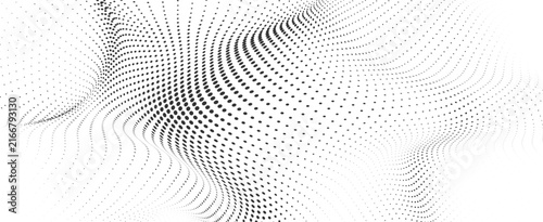 Abstract black organic halftone dot wave background, flowing geometric particle mesh pattern with futuristic digital technology vector illustration