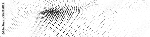 Abstract black organic halftone dot wave background, flowing geometric particle mesh pattern with futuristic digital technology vector illustration