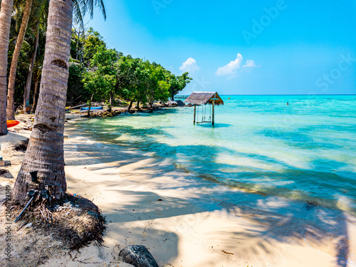 Barakuda Beach in Karimunjawa. Jawa Tengah. Indonesia. Showcasing a tranquil tropical landscape with palm trees casting shadows on the sand. Clear turquoise water