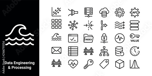 Data Engineering and Processing Icon Set, 30 Linear Vector Icons for Big Data Infrastructure, Cloud Computing and Database Management Symbols