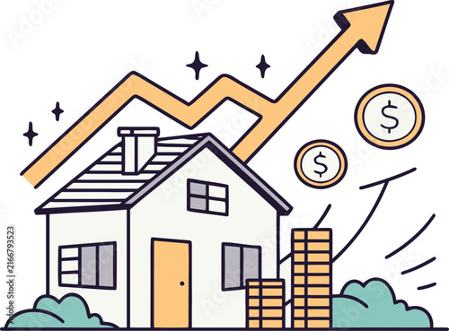 Cartoon illustration of residential house with rising growth arrow and gold coin stacks representing real estate market value appreciation