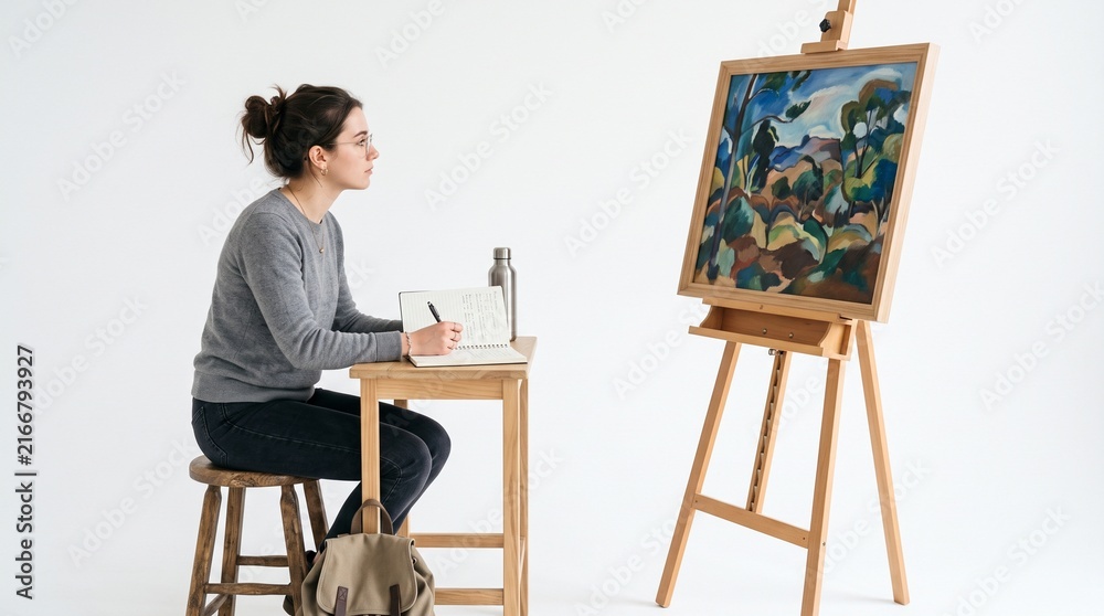 Fototapeta premium Artist studying painting on easel while taking notes in a studio