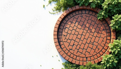Manhole cover with decorative red brick pattern on white pavement, circular manhole cover framed by green ivy and scattered leaves,