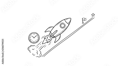 Whimsical line illustration of a rocket ship blasting off while a clock floats nearby, evoking themes of urgency or adventure.