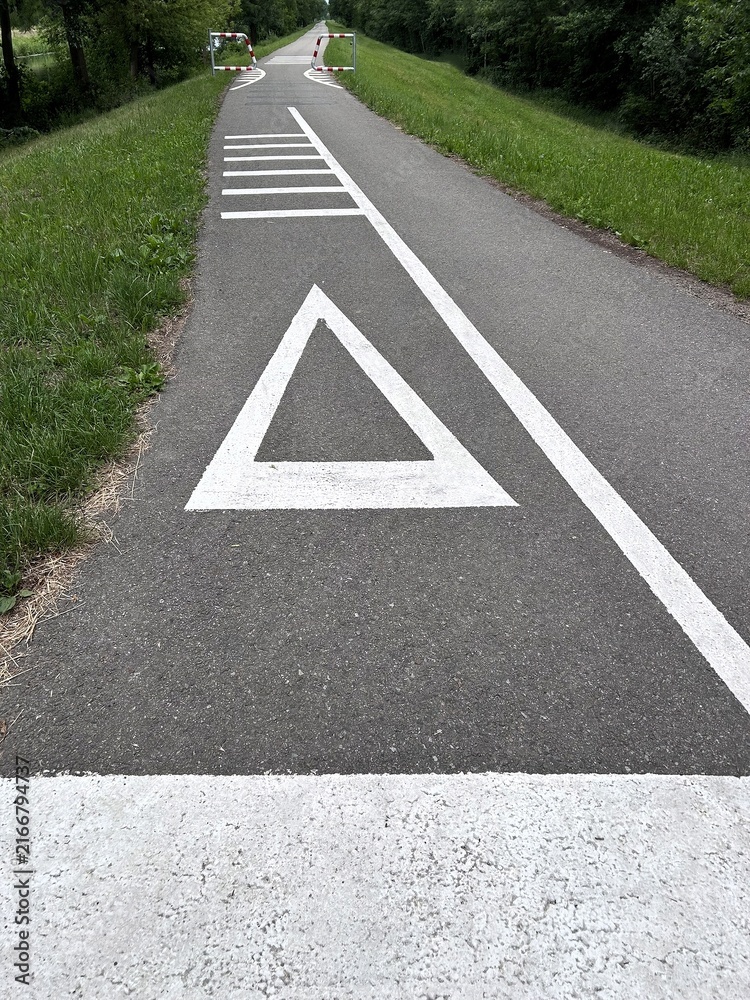 Fototapeta premium Warning triangle road marking painted on an asphalt bicycle path. Cycling infrastructure with safety signs, traffic calming measures and strong leading lines.