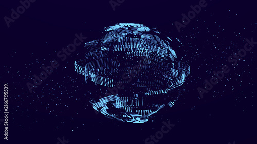 3D spherical structure composed of dots. Broken sphere. Wireframe construction. Technological background concept. 3D rendering