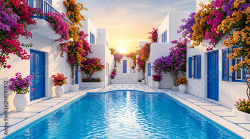 Beautiful white Mediterranean villa courtyard with swimming pool blue doors and vibrant bougainvillea flowers during sunset