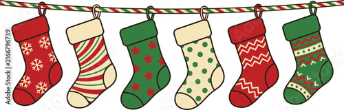 A festive row of colorful hanging christmas stockings with various patterns on a decorative striped rope white background