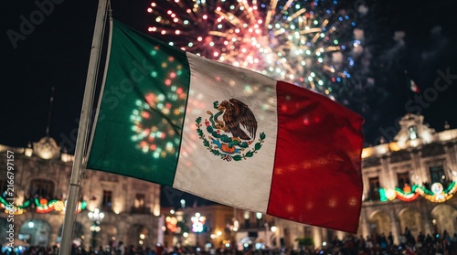 Mexican flag waving beneath fireworks during Independence Day celebration