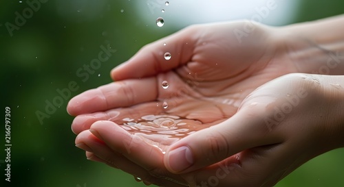 Cupped hands catching fresh rain water drops in nature