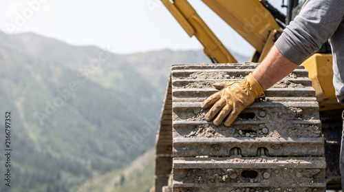 Close Up of Worker Hand in Leather Glove on Excavator Track at Mountain Construction Site, Heavy Machinery Maintenance and Mining Industry Concept Background with Left Copy Space