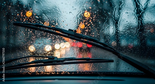 Rainy car windshield view with blurred city traffic lights and active wipers at night