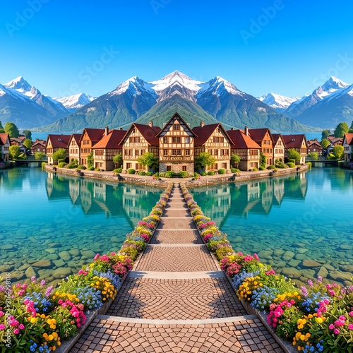 Symmetrical alpine lakeside village with half timbered houses flower pathway and snow capped mountains
