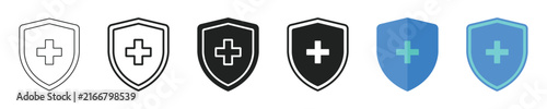Health insurance medical shield icon set, healthcare protection cross symbol, vector illustration