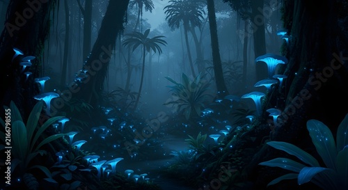 Glowing bioluminescent mushrooms in a dark tropical forest at night.