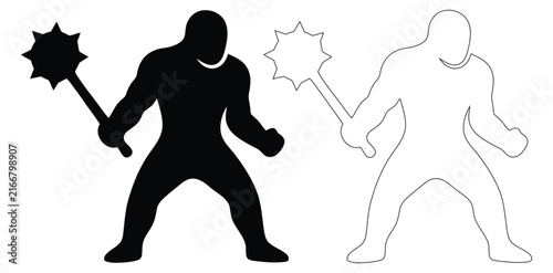 Bild auf Leinwand Muscular warrior holding a spiked mace weapon ready for battle with powerful sta