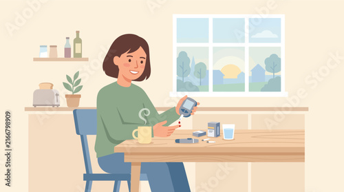 Woman measuring blood glucose level with digital meter sitting at kitchen table during breakfast.