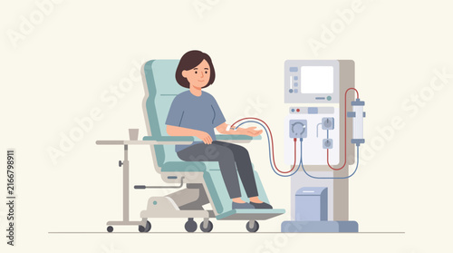 Woman undergoing hemodialysis treatment sitting in clinic chair connected to medical apparatus.