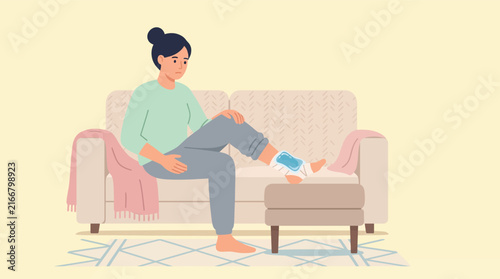 Injured woman applying cold gel pack on bandaged sprained ankle sitting on living room sofa couch.